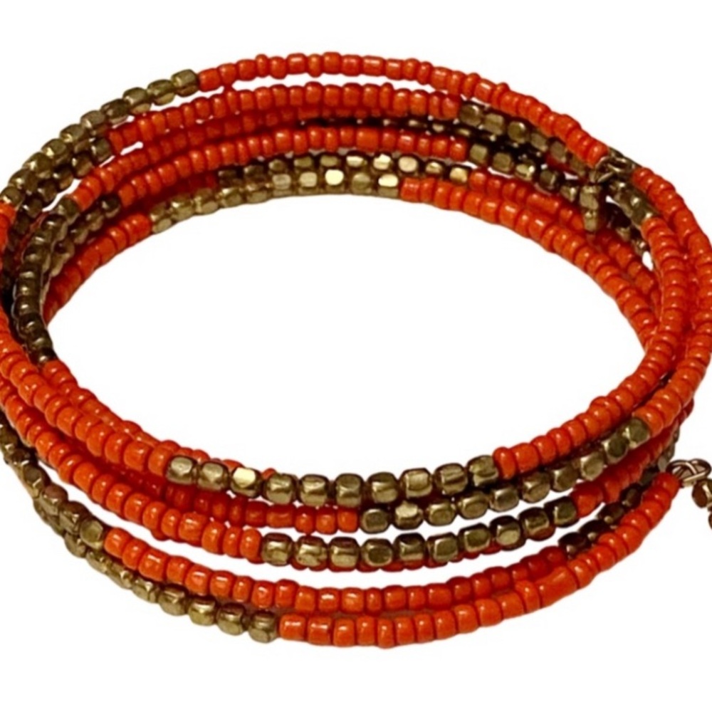 3 items-Orange&Gold Bracelets plus Orange/Yellow/Pink Beaded Hoop Earrings - Picture 3 of 6